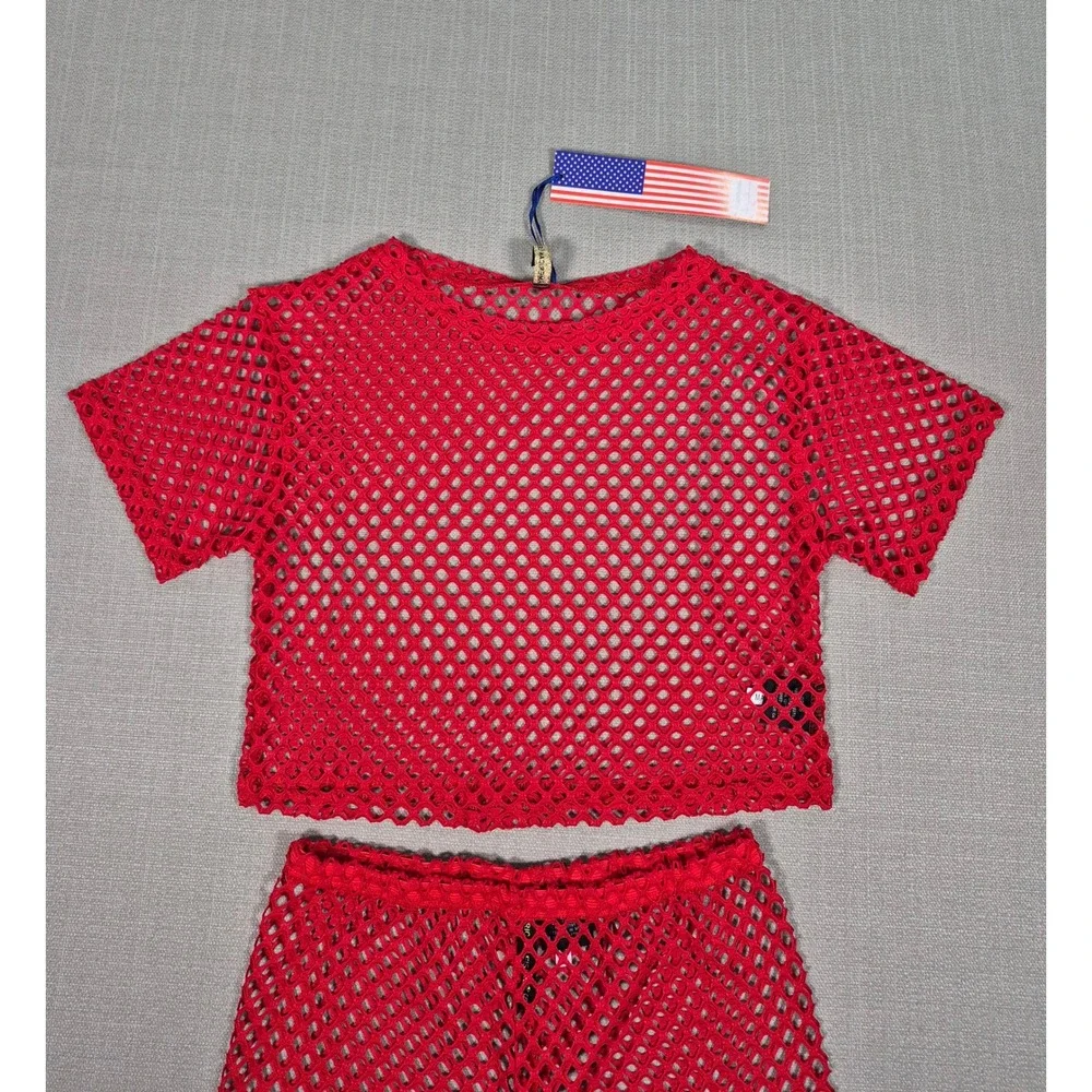 American Leisure Women's Red Mesh Two Piece Set Crop Top Shorts Size S NWT